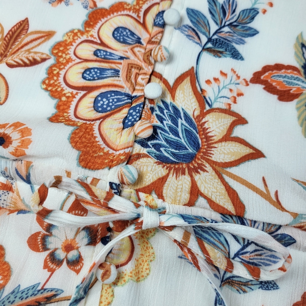 JustFab Floral Maxi DRESS Womens Size 1X Short Sleeve White Blues Rust Gauze - Picture 7 of 13